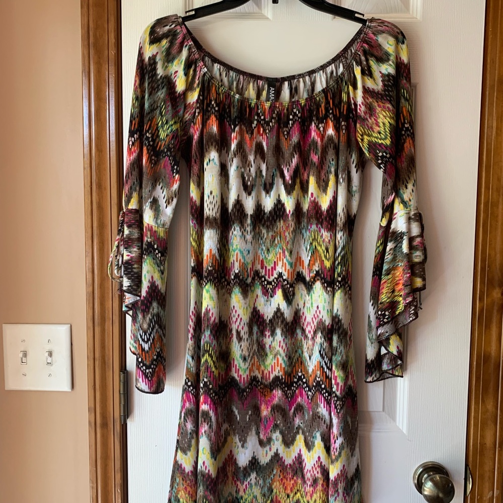 Colorful print dress, flare sleeves, M, cute/comfy